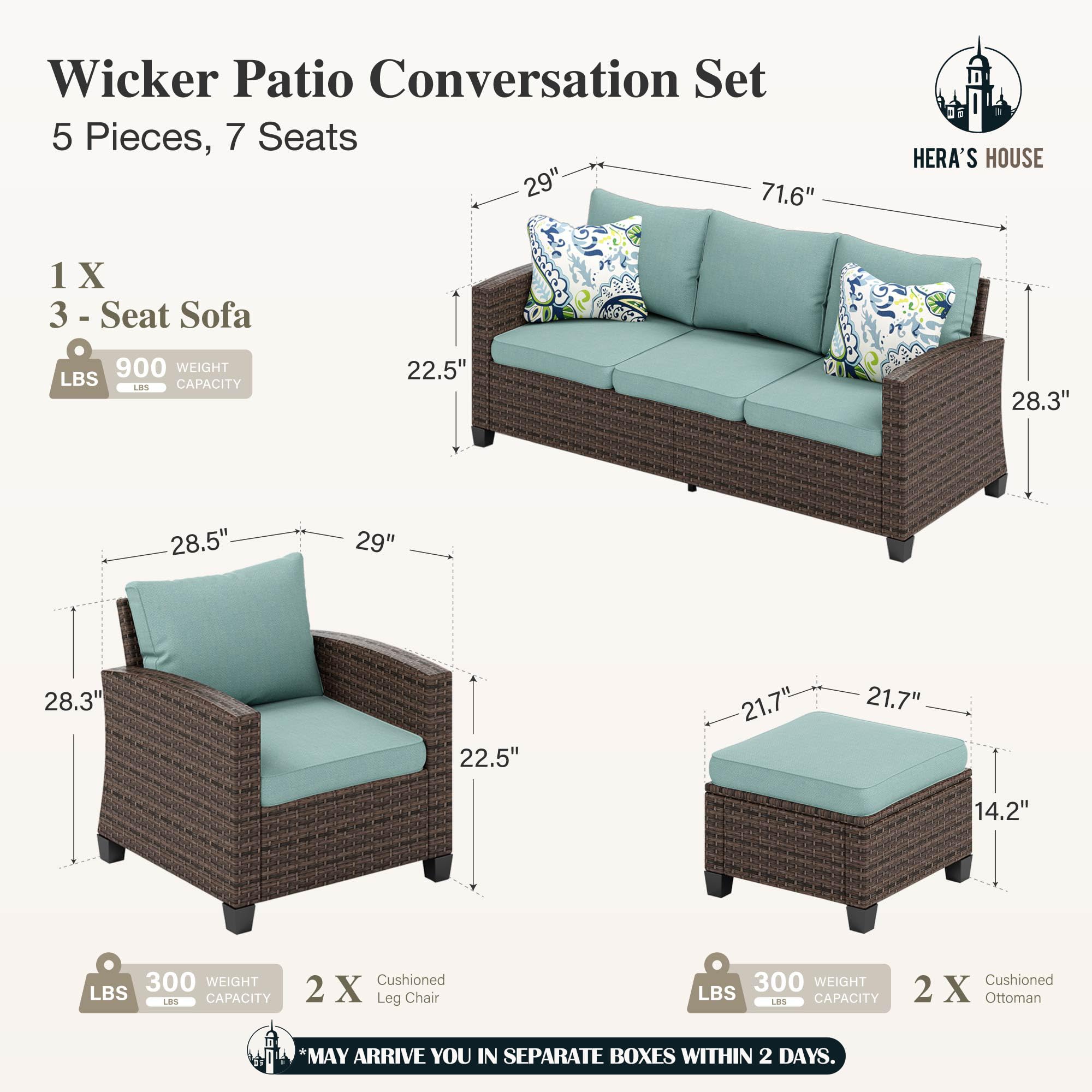 Wicker Patio Furniture Set, 5 Pieces Outdoor Furniture Set, Deep Seating Patio Conversation Sofa Sets for Lawn Deck Backyard, Blue