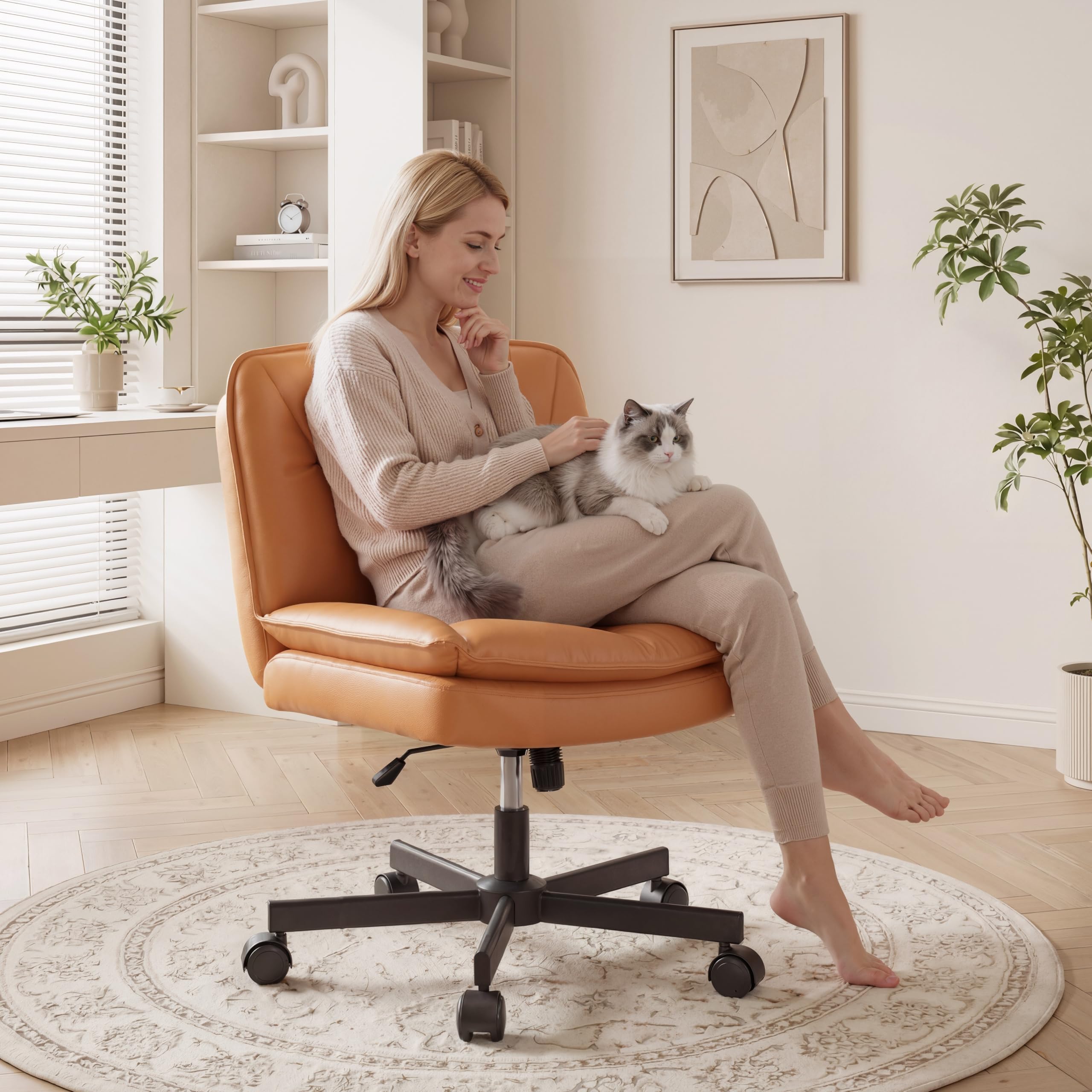 Criss Cross Chair with Wheels,Cross Legged Office Chair with 2 Layer Cushion,Comfy Wide Seat,Adjustable,Leather,Amless, for Home,Office,Bed Room Vanity,Orange