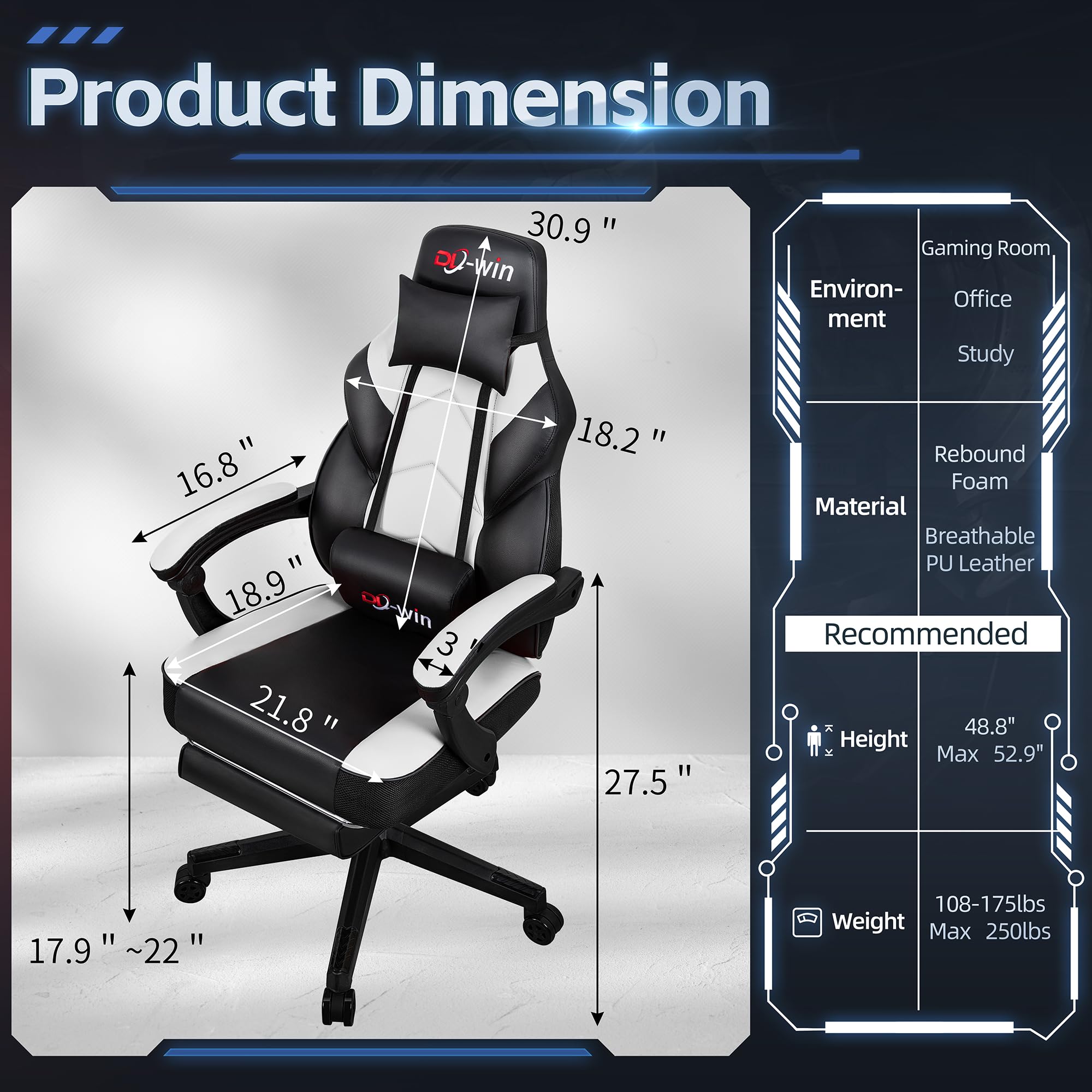 Video Gaming Chair for Adults, Computer Chair with Footrest and Ergonomic High Back, Big and Tall Gamer Chair with Massage Lumbar Support, 360° Swivel Height Adjustable Computer Chair, White