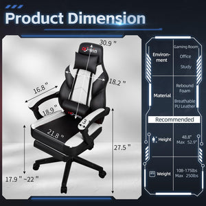 Video Gaming Chair for Adults, Computer Chair with Footrest and Ergonomic High Back, Big and Tall Gamer Chair with Massage Lumbar Support, 360° Swivel Height Adjustable Computer Chair, White
