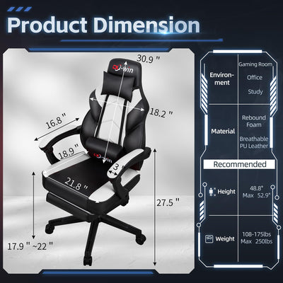 Video Gaming Chair for Adults, Computer Chair with Footrest and Ergonomic High Back, Big and Tall Gamer Chair with Massage Lumbar Support, 360° Swivel Height Adjustable Computer Chair, White