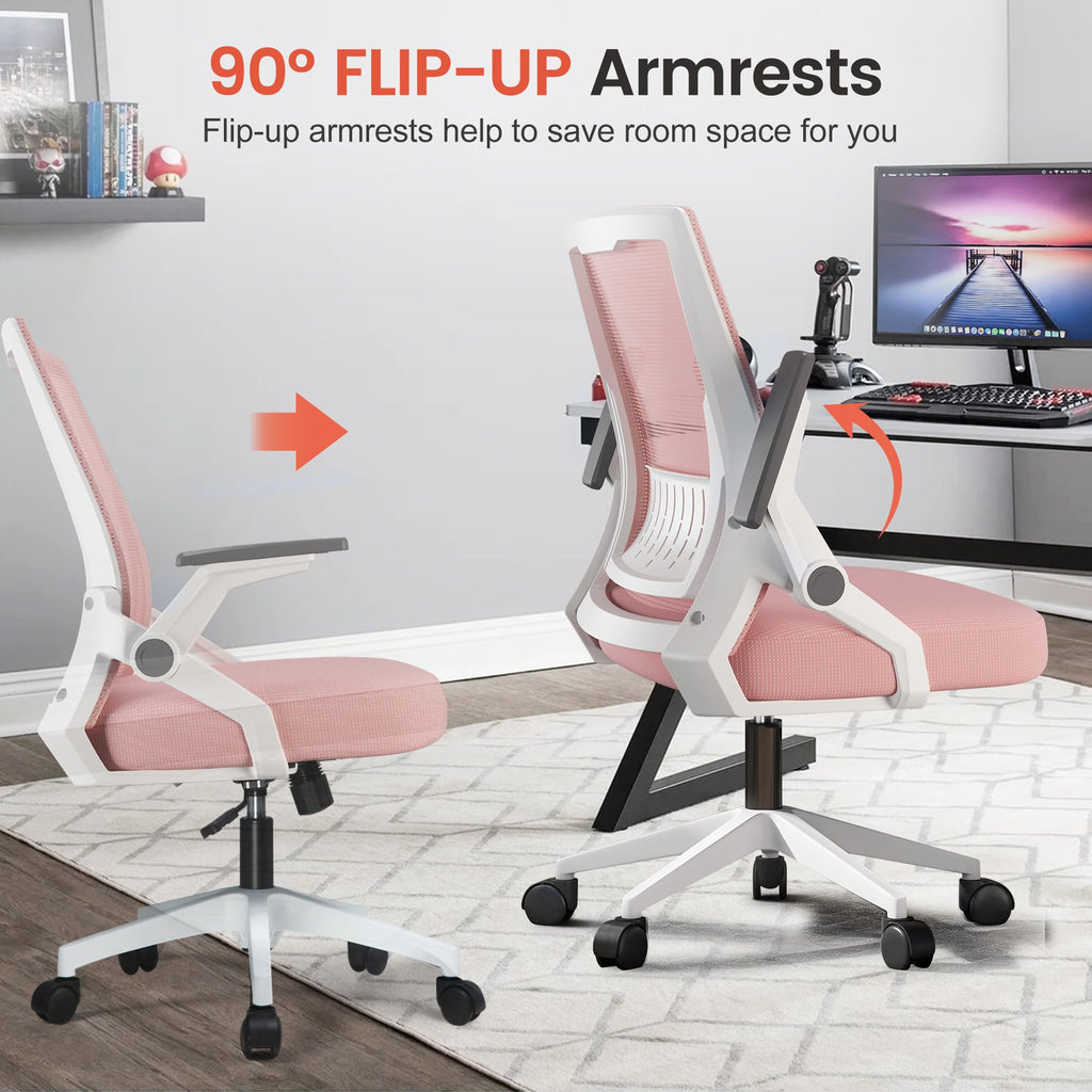 Ergonomic Office Chair with Flip-up Armrests Executive Computer Chair for Home Office, Breathable Mesh & Comfy Lumbar Support, Pink
