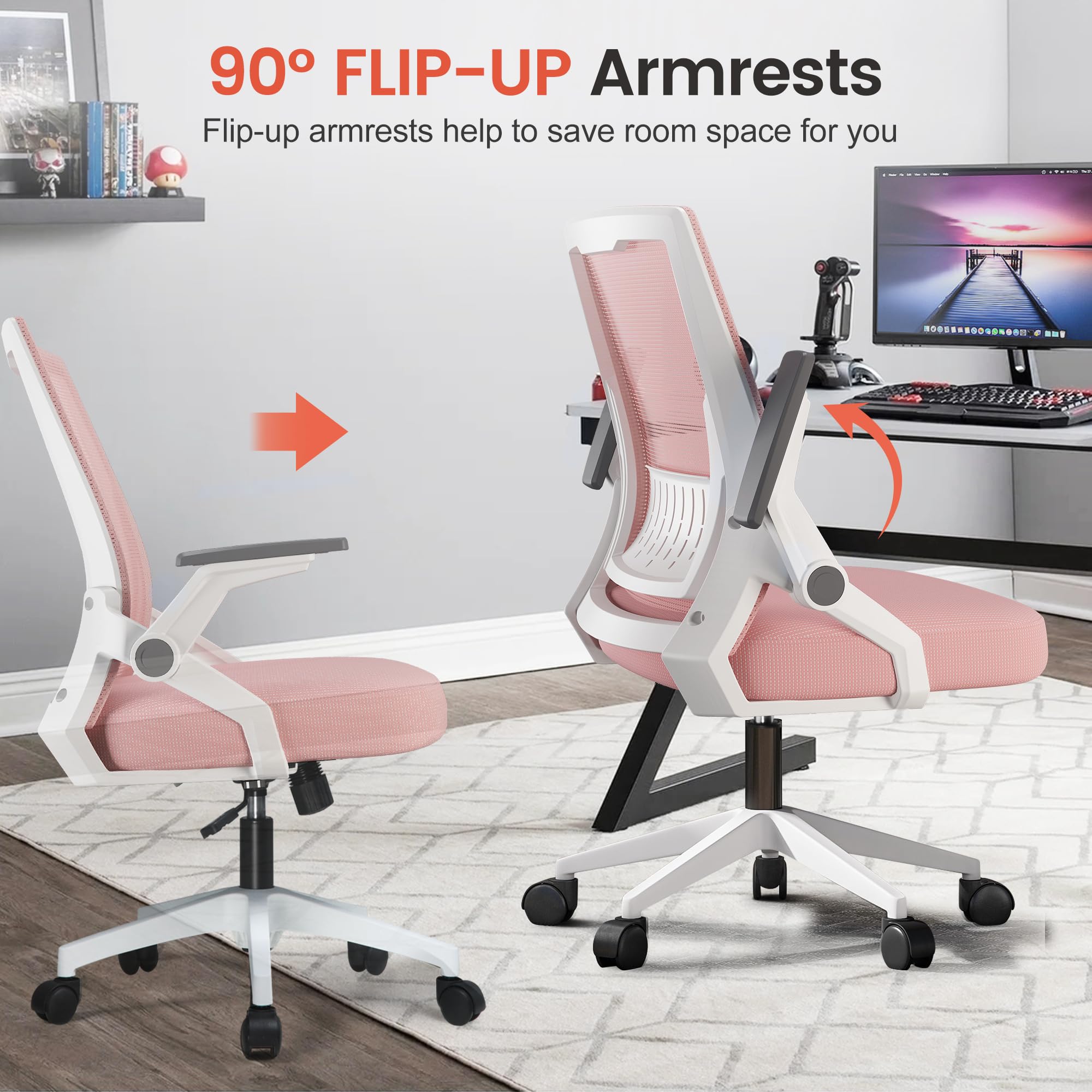 Ergonomic Office Chair with Flip-up Armrests Executive Computer Chair for Home Office, Breathable Mesh & Comfy Lumbar Support, Pink