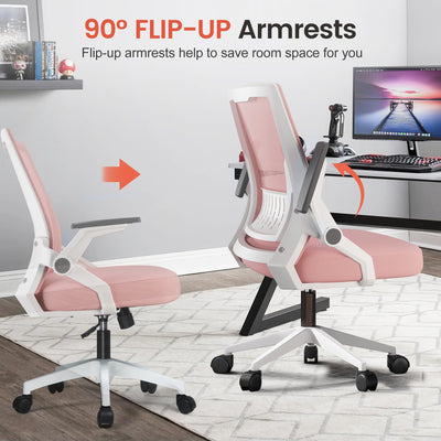 Ergonomic Office Chair with Flip-up Armrests Executive Computer Chair for Home Office, Breathable Mesh & Comfy Lumbar Support, Pink