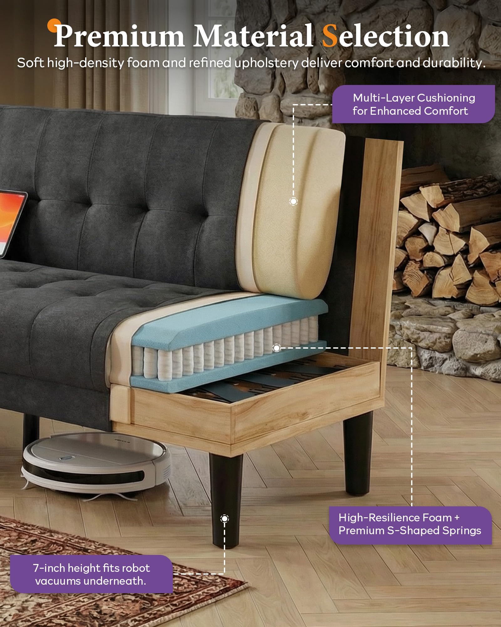 Sofa Couch, Living Room Furniture Sectional Sofa Sets 2 Pcs, Tufted Mid-Century Loveseat w/USB, Cupholders & Comfy Single Sofa for Small Space, Apartment, Office (Dark Grey)