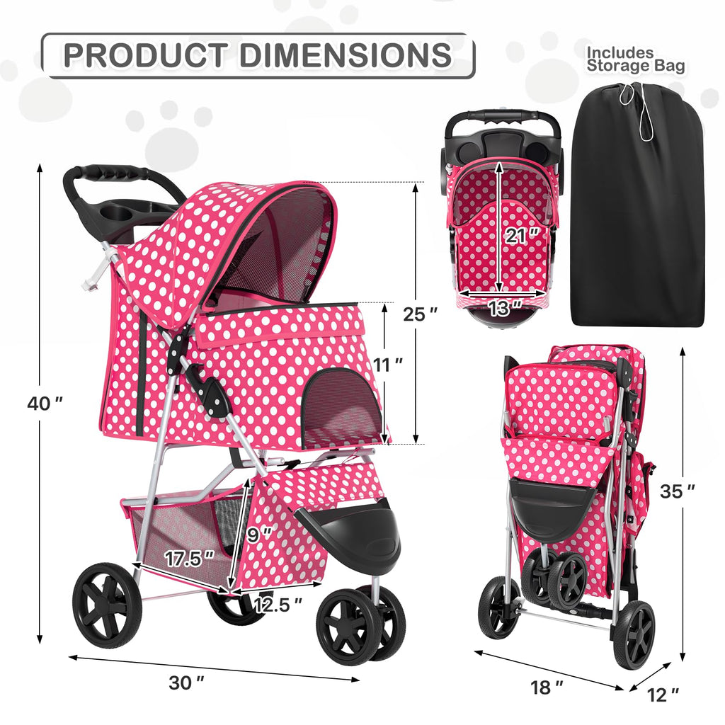 3 Wheels Pet Dog Cat Stroller for Small Medium Dogs Cats, Foldable Jogger Stroller w/Storage Basket and Cup Holder, Hot Pink Polka Dots