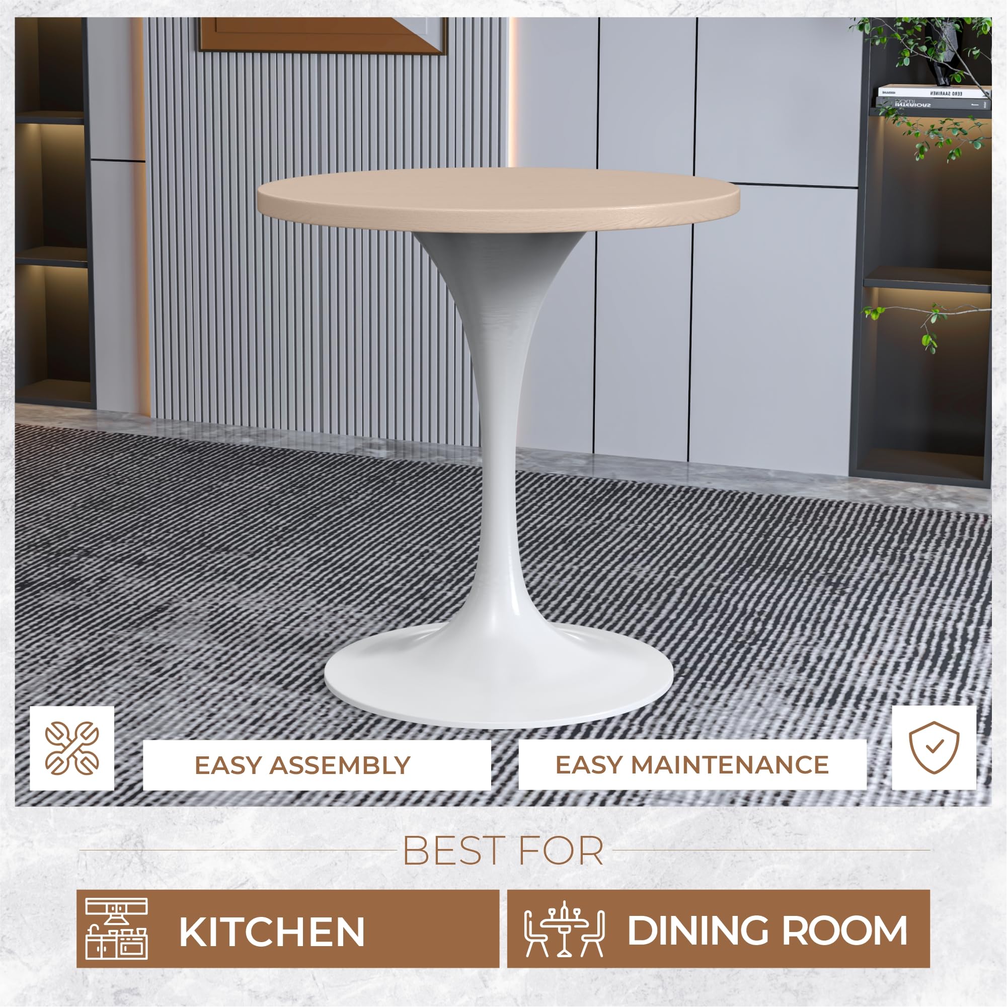 Mid-Century Modern 27 Inch Round Dining Table, MDF Wood Tabletop with White Steel Pedestal Base, Contemporary Kitchen & Dining Room, Small Space Breakfast Table, Light Natural Wood