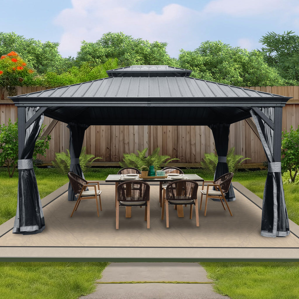12' x 14' Hardtop Gazebo, Aluminum Frame with Galvanized Steel Double Roof, Outdoor Permanent Pavilion with Curtains and Netting for Patio, Backyard, Deck, Lawn (Gray)