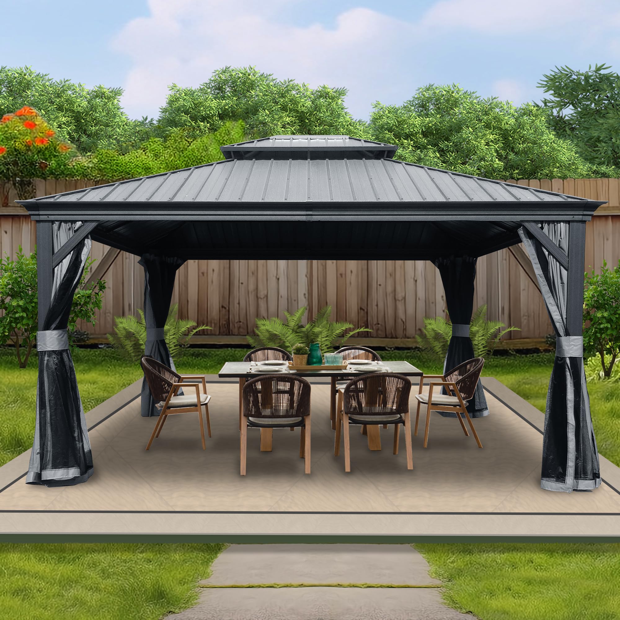 12' x 14' Hardtop Gazebo, Aluminum Frame with Galvanized Steel Double Roof, Outdoor Permanent Pavilion with Curtains and Netting for Patio, Backyard, Deck, Lawn (Gray)