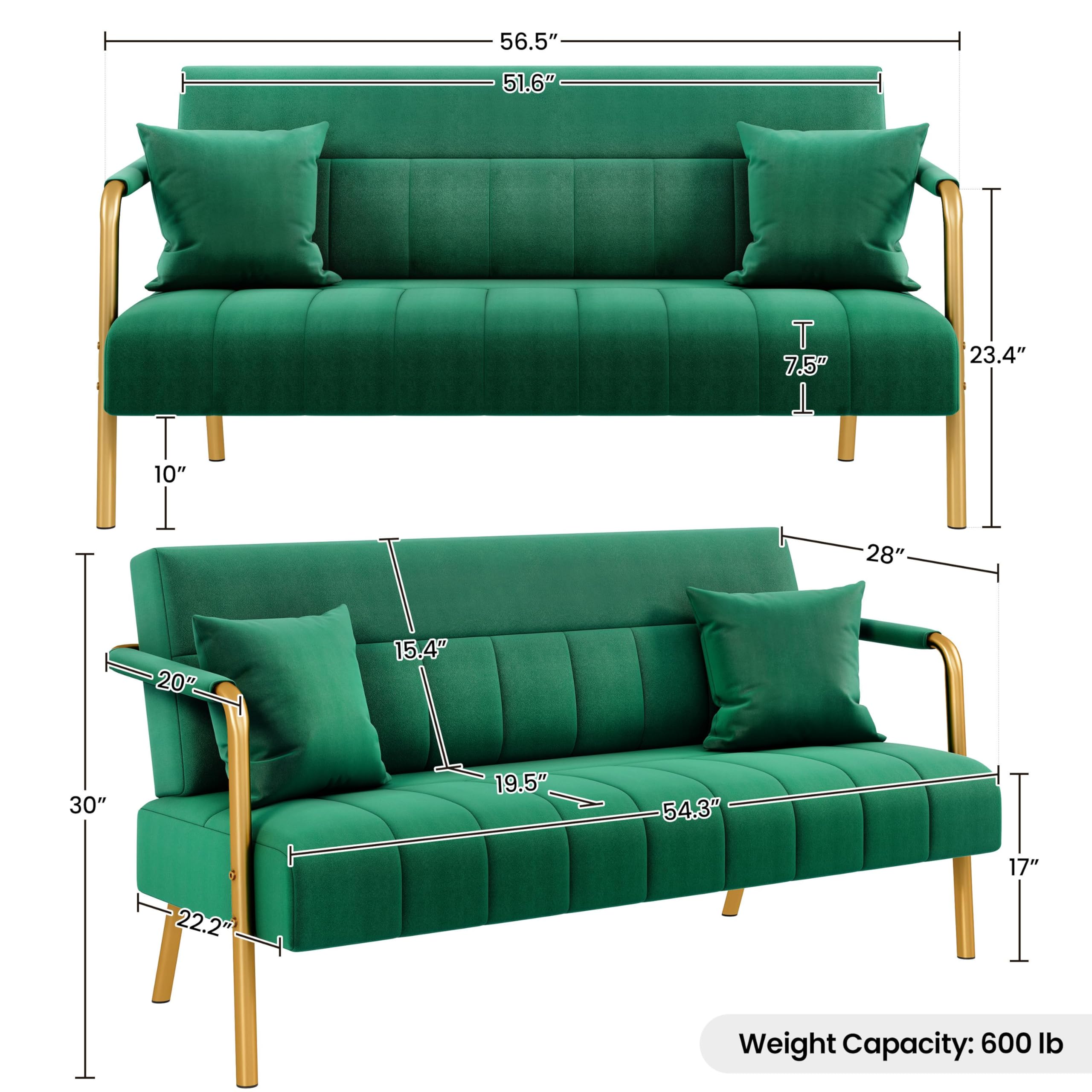 56.5" W Modern Sofa Small Sofa Luxurious Velvet Fabric Couch with Gold-Tone Metal Arms and Legs for Living Room, Home Office, Studio Green