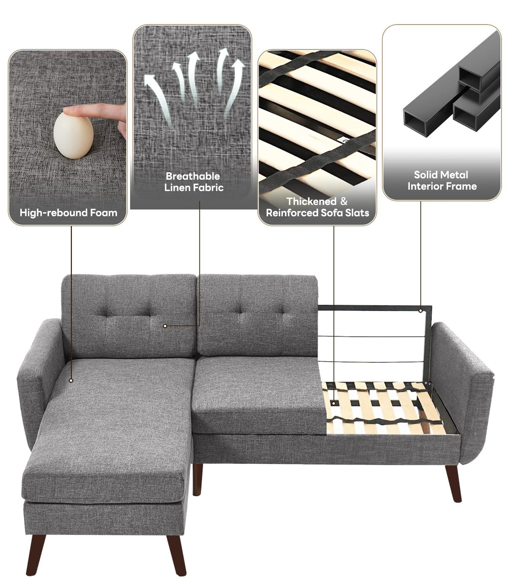 L Shaped Couch, 80" W Mid-Century Modern Sofa, Sectional Couches, 3 Seater Sofas with Wide Chaise Lounge, Button Tufted Upholstered Sectional Sofa for Living Room, Bedroom, Gray