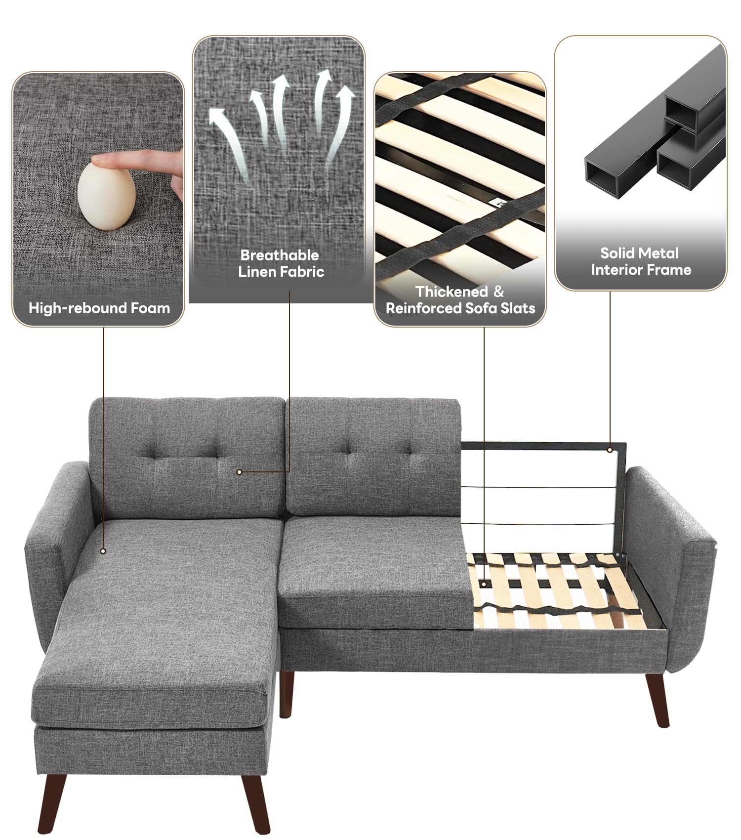 L Shaped Couch, 80" W Mid-Century Modern Sofa, Sectional Couches, 3 Seater Sofas with Wide Chaise Lounge, Button Tufted Upholstered Sectional Sofa for Living Room, Bedroom, Gray