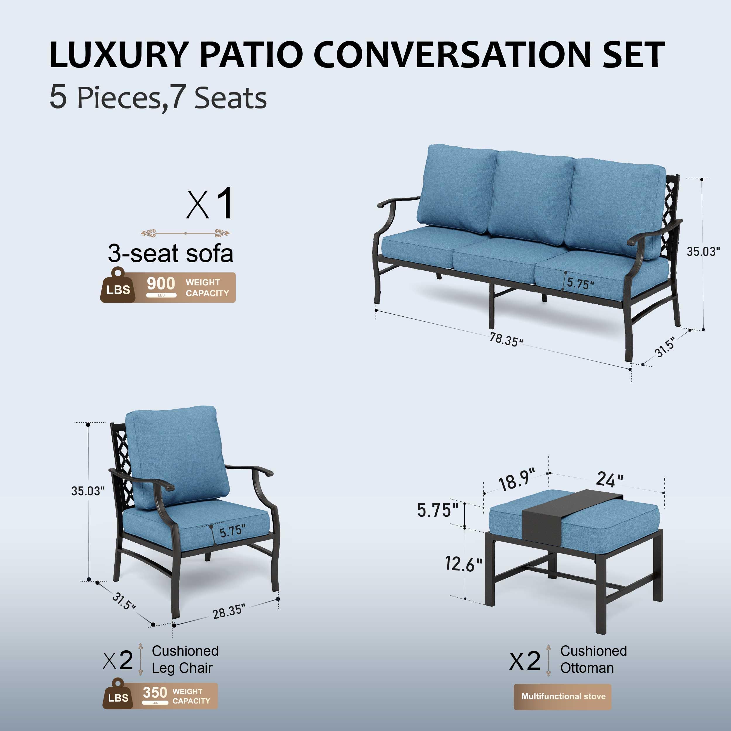 5 Piece Patio Furniture Set, 2 x Leg Chair, 2 x Ottoman, 1 x 3-Seat Sofa, All Cushioned 7 Seats Metal Outdoor Conversation Set for Lawn Garden Backyard