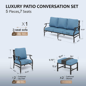 5 Piece Patio Furniture Set, 2 x Leg Chair, 2 x Ottoman, 1 x 3-Seat Sofa, All Cushioned 7 Seats Metal Outdoor Conversation Set for Lawn Garden Backyard