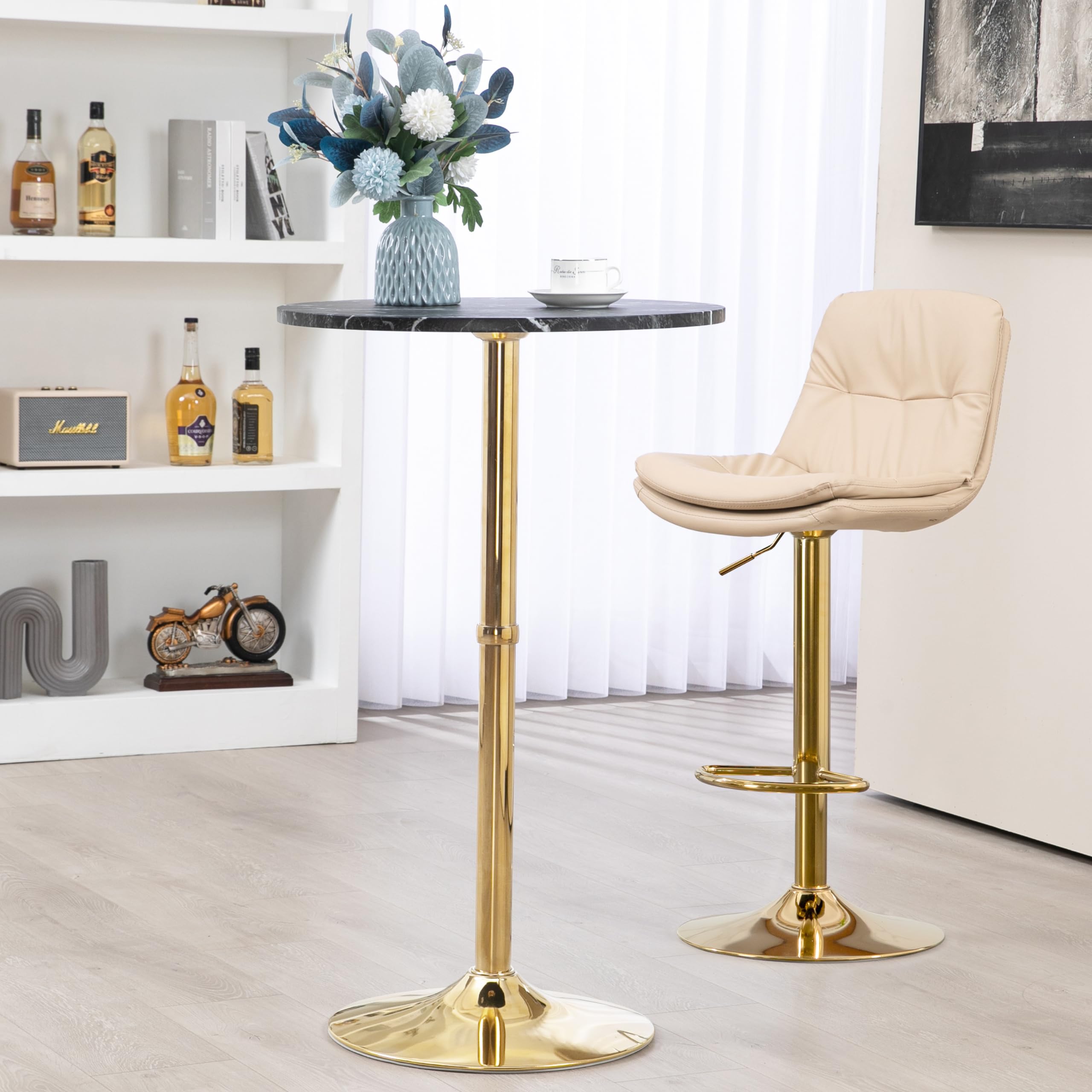 24" Round Cocktail Bar Table with Metal Base, Tall Bistro Pub Table, Counter Bar Height Table for Kitchen, Dining Room, Living Room, Easy Assembly, Black&Gold