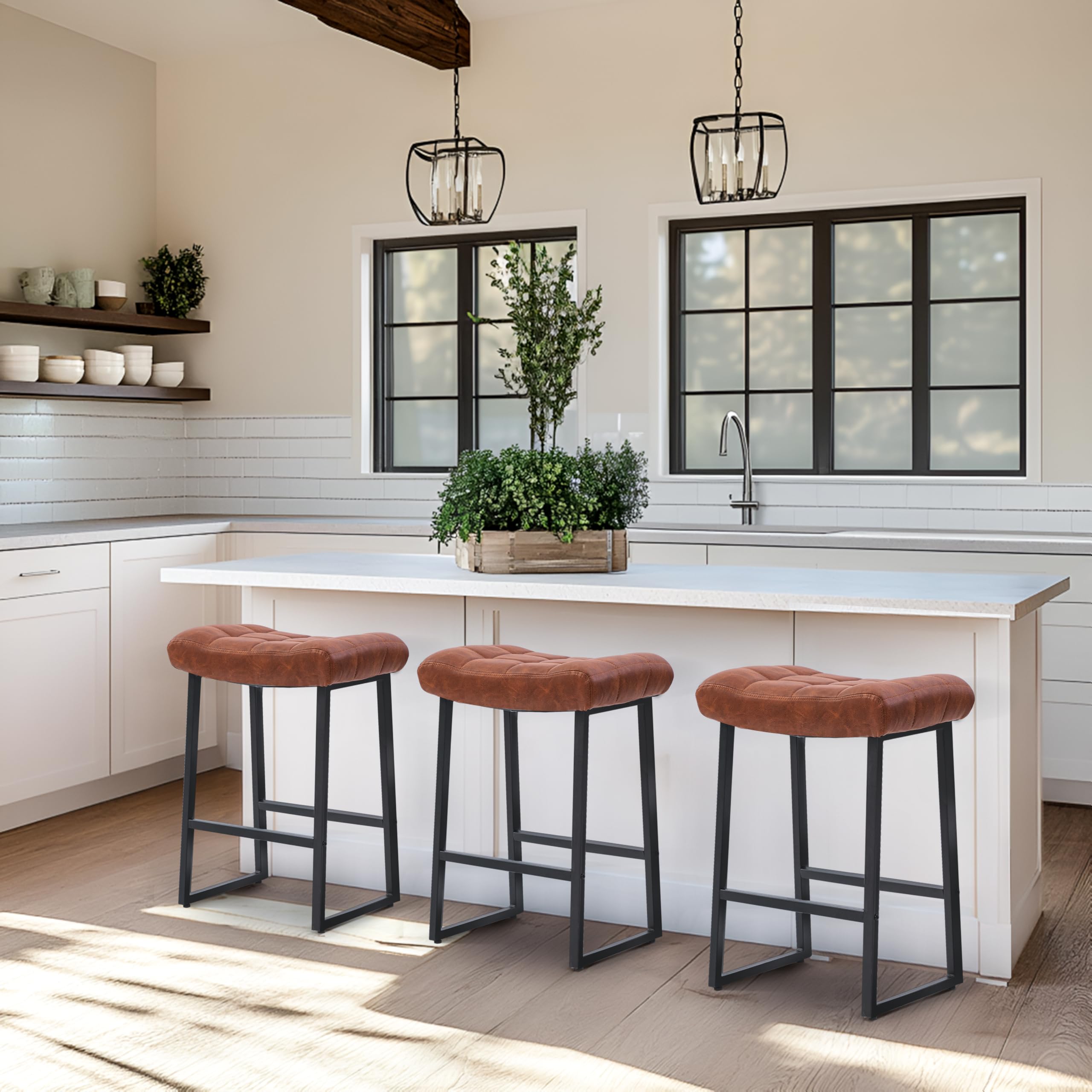 Counter Height Bar Stool for Kitchen Counter Modern Backless Barstool with Upholstered Faux Leather Seat and Metal Frame Industrial 24 inch Bar Chair, Brown