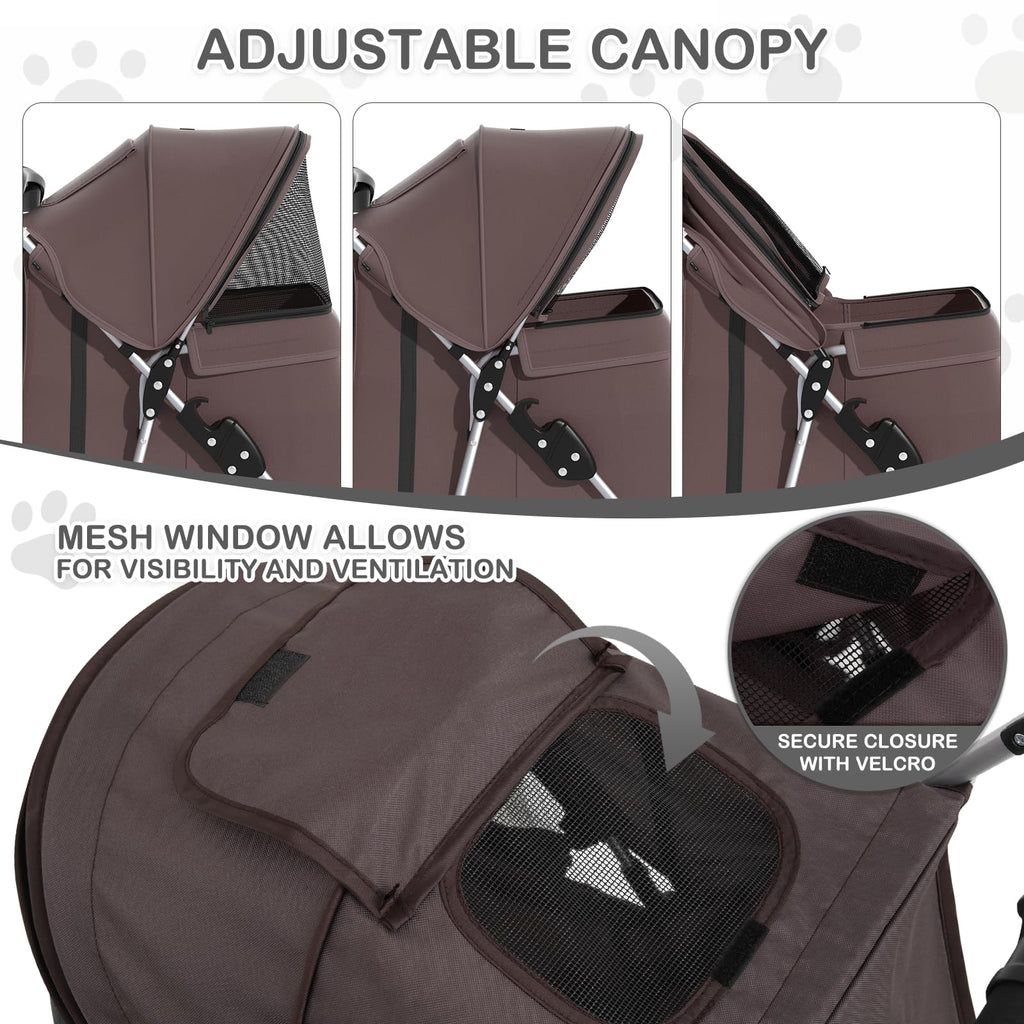 Foldable Dog Strollers for Small Dogs with Weather Cover, 3 Wheels Pet Strolling Cart for Dogs and Cats with Storage Basket and Cup Holder, Breathable and Visible Mesh for All-Season, Coffee