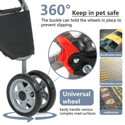 Pet Stroller 3-Wheel Durable Foldable Cat Dog Stroller with Washable Liner Storage Basket Cup Holder,Black
