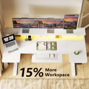 U Shaped Electric Standing Desk with Keyboard Tray, 63 Inch Height Adjustable Desk with Power Outlets & LED Lights, Sit Stand Table with Monitor Stand for Home, Office, White