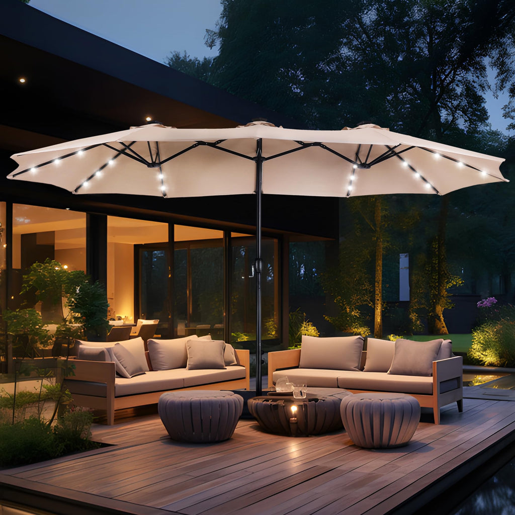 15ft Double Sided Patio Umbrella with Solar Lights, Outdoor Large Umbrellas with Crank Handle and 36 LED Lights, Rectangular Market Umbrella with Base Included for Deck Pool Shade, Beige