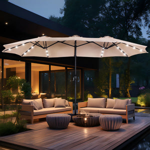 15ft Double Sided Patio Umbrella with Solar Lights, Outdoor Large Umbrellas with Crank Handle and 36 LED Lights, Rectangular Market Umbrella with Base Included for Deck Pool Shade, Beige
