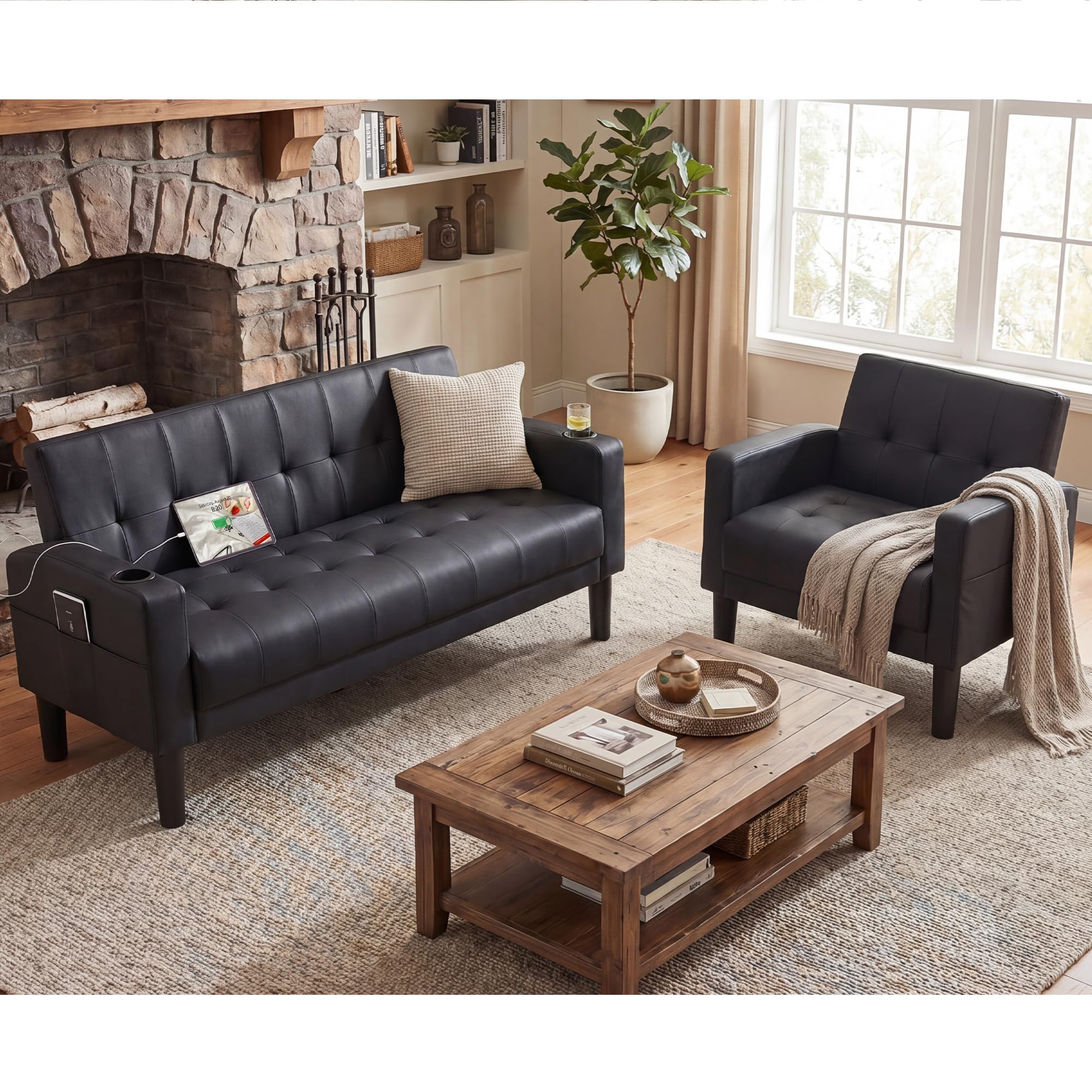 Sofa Couch 62" W Loveseat w/ 2 USB Charger Ports & 2 Cupholders, Mid-Century Modern Black LeatherTufted Small Love Seat Couches for Office,Compact Living Room,Bedroom,Apartment,Dorm (2)