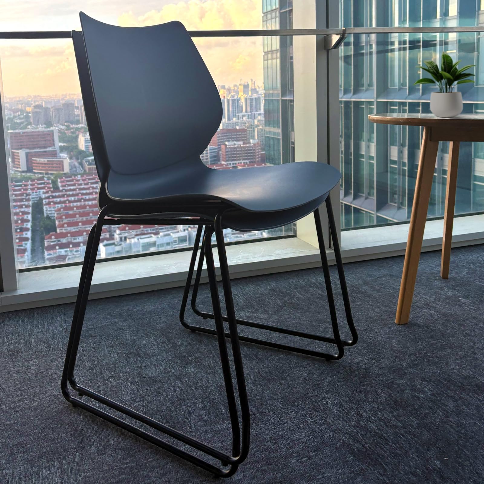 Set of 4, Black, Stackable Waiting Room Chair, Stacking Office Chair with Ergonomic Lumbar Support and Metal Legs, Plastic Desk Chairs for Conference School Church Guest Reception
