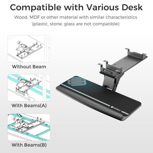 Keyboard Tray Height Adjustable, Swivel Tilt Computer Keyboard Drawer Under Desk, 25x9.13'' Sliding Keyboard & Mouse Platform with Mouse Pad for Typing, Black
