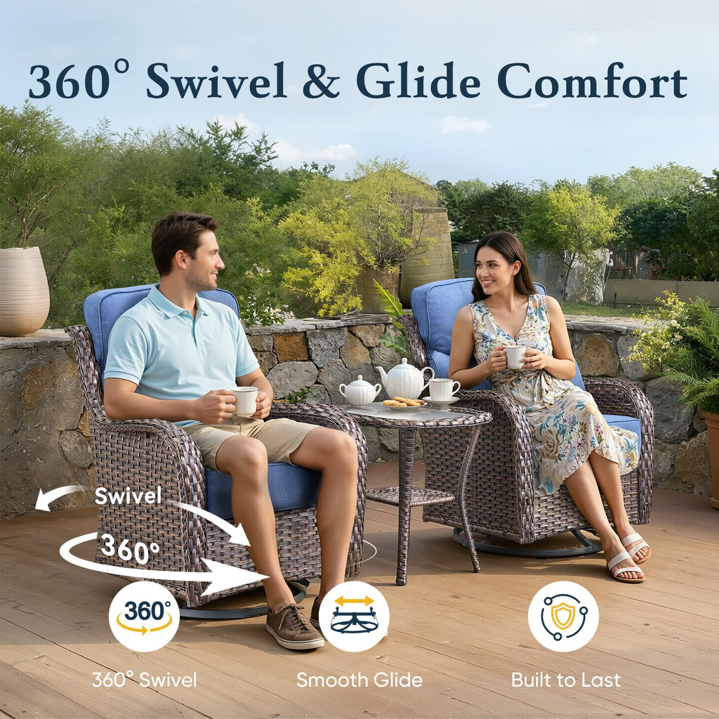 Luxury 6" Thick Cushioned Outdoor Swivel Rocker Patio Chairs of 2, High Back Wicker Patio Furniture Set with Ergonomic Zone Back, Conversation Glider Set for Deck Porch - Brown+Blue