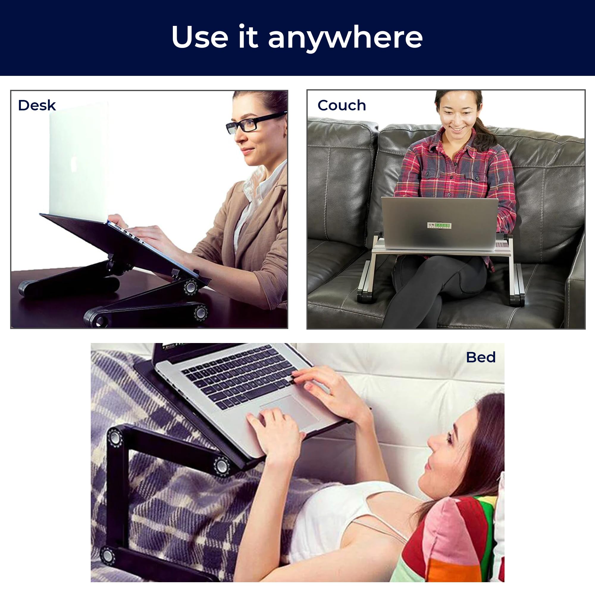 Executive Laptop Cooling Stand, Adjustable Desk for Bed, Foldable with 2 Fans & 3 USB Ports, Computer Lap Desk, PC Holder for Bed, Ergonomic Table Stand, Home Office Supplies, Black