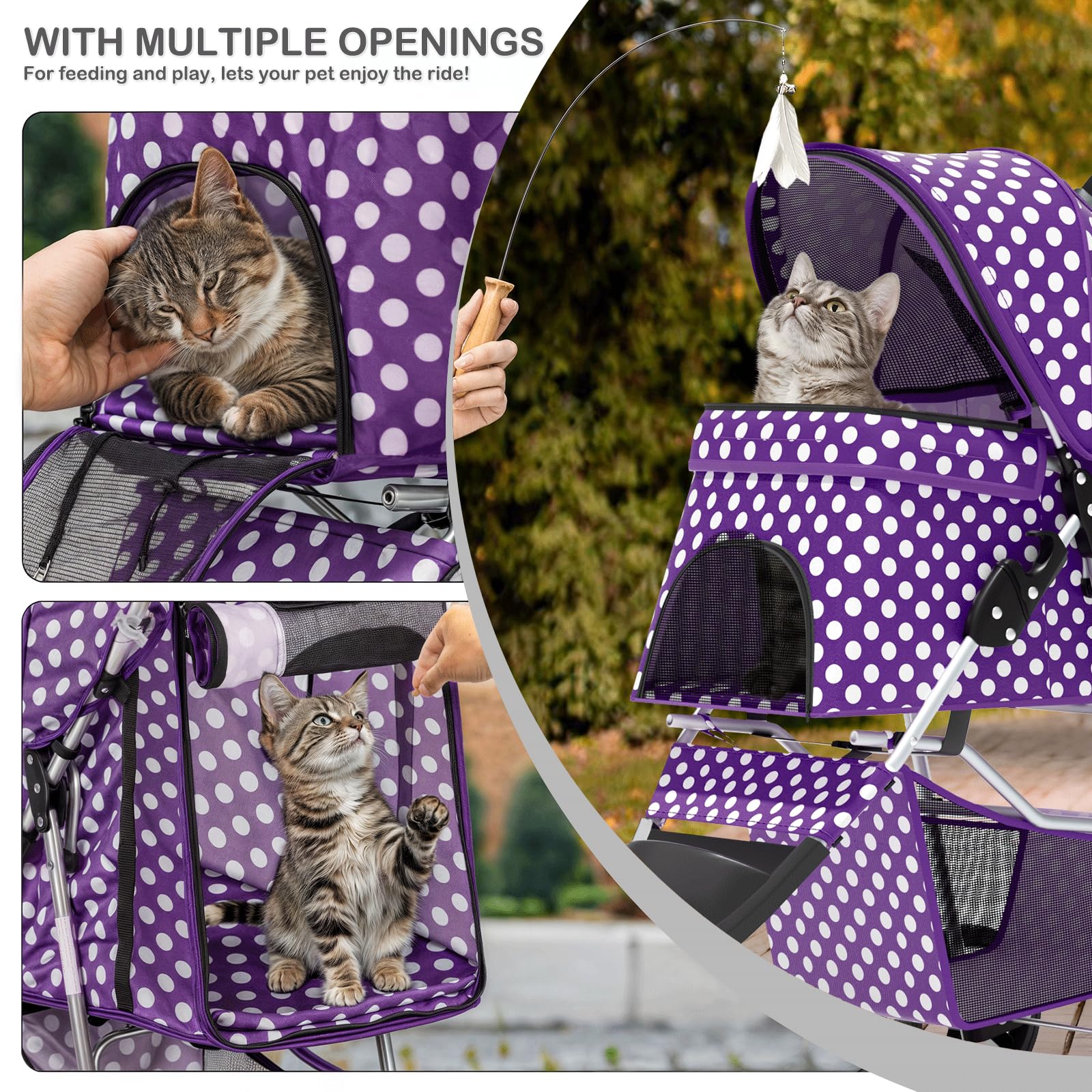 3 Wheels Pet Dog Cat Stroller for Small Medium Dogs Cats, Foldable Jogger Stroller w/Storage Basket and Cup Holder, Purple Polka Dots