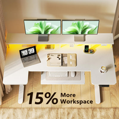 U Shaped Electric Standing Desk with Keyboard Tray, 55 Inch Height Adjustable Desk with Power Outlets & LED Lights, Sit Stand Table with Monitor Stand for Home, Office, White