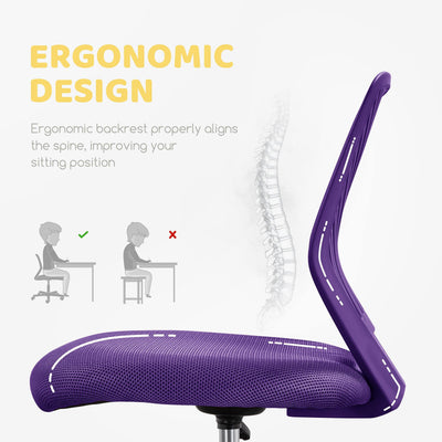 Students Cute Desk Chair Low-Back Armless Study Chair w/Lumbar Support Adjustable Swivel Chair in Home Bedroom School, Purple