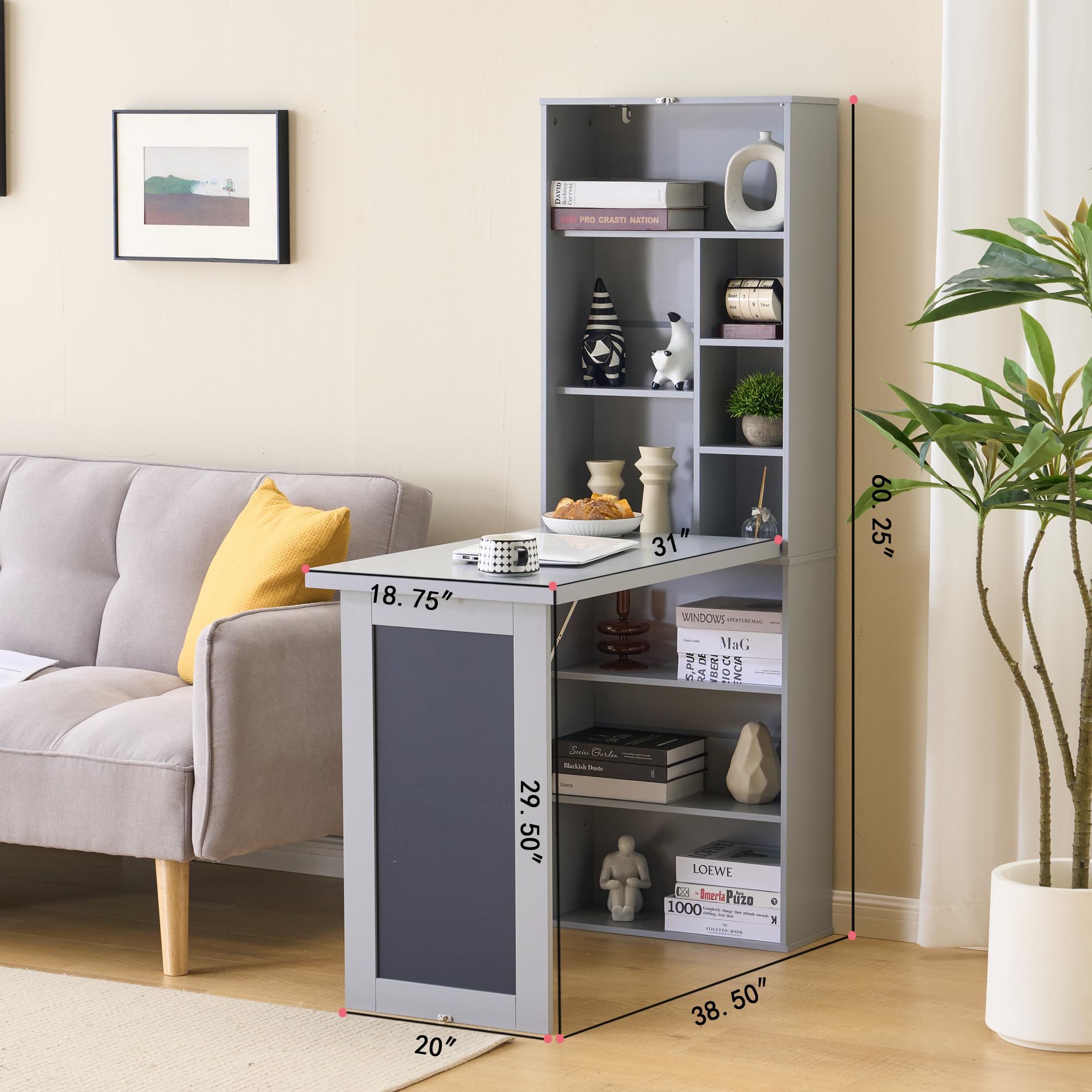 Folding Desk with Storage,Foldable Convertible Writing table with Blackboard and Shelves,Wall Mount Fold Out Table Cabinet , Space-Saving Murphy Desk for Multi-Function Home Office Workstation (Grey)