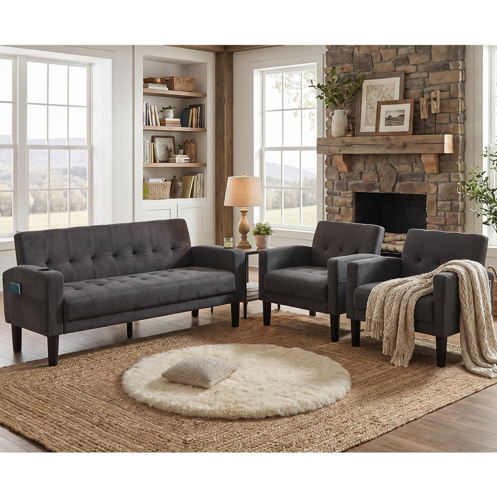Sofa Couch, Living Room Furniture Sectional Sofa Sets of 3 Pcs, Tufted Mid-Century Loveseat w/USB, Cupholders & Comfy Single Sofa for Small Space, Apartment, Office (Dark Grey)