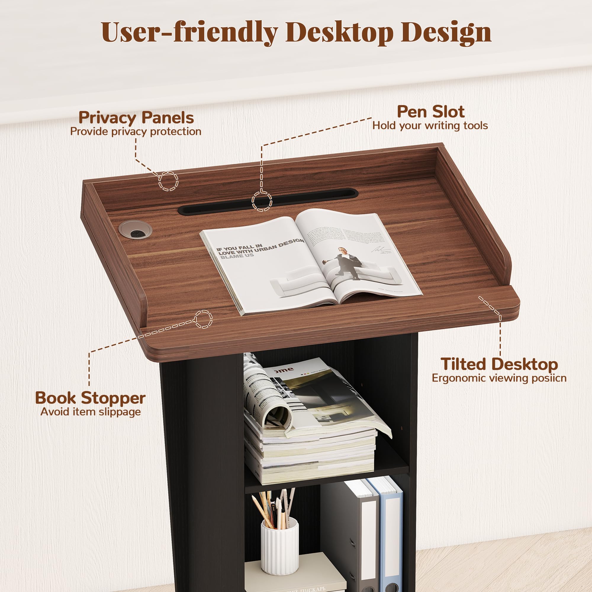 Mobile Podium Stand with Metal Wheels, Wooden Pulpit with 15° Tilted Desktop and Storage Cabinet, Built-in Cable Hole Lectern Desk for Office Classroom Lecture Restaurant Church Presentations