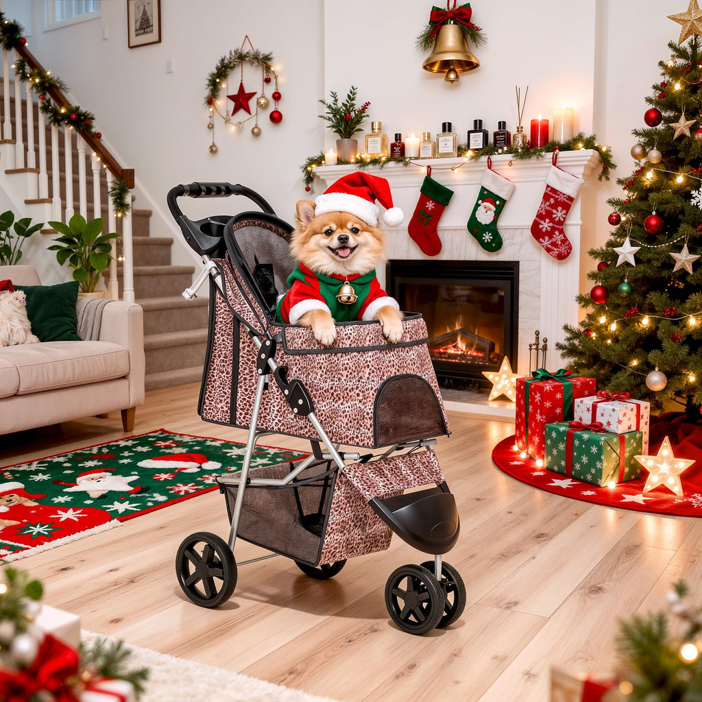 3 Wheels Pet Dog Cat Stroller for Small Medium Dogs Cats, Lightweight Foldable Jogger Stroller w/Storage Basket & Cup Holder, Leopard Print