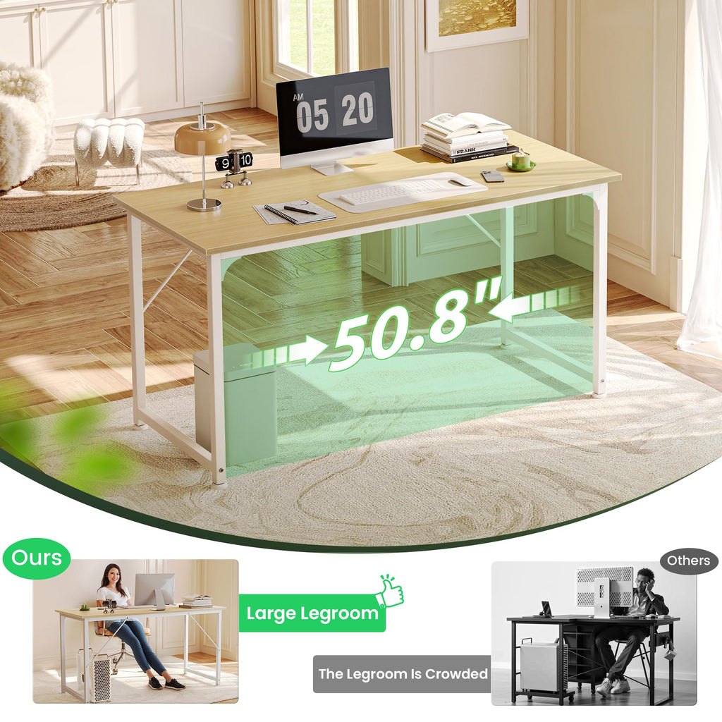 Computer Desk, 54 Inch Office Desk, Gaming Desk with Storage, Writing Desk Work Desk for Home Office, Study, Modern Simple Desk, Large Legroom, Metal Frame, Maple