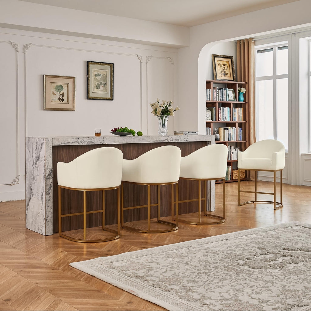 Counter Height Bar Stools Set of 2,Modern Counter Height Bar Stools,Fabric Upholstered Barrel Barstools with Backs,26'' Kitchen Island Chairs,Metal Gold Frames,Off White Linen
