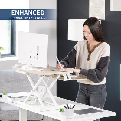 26 inch Desk Converter, K Series, Height Adjustable Sit to Stand Riser, Dual Monitor and Laptop Workstation with Keyboard Tray, Light Wood Top, White Frame, DESK-V026KF