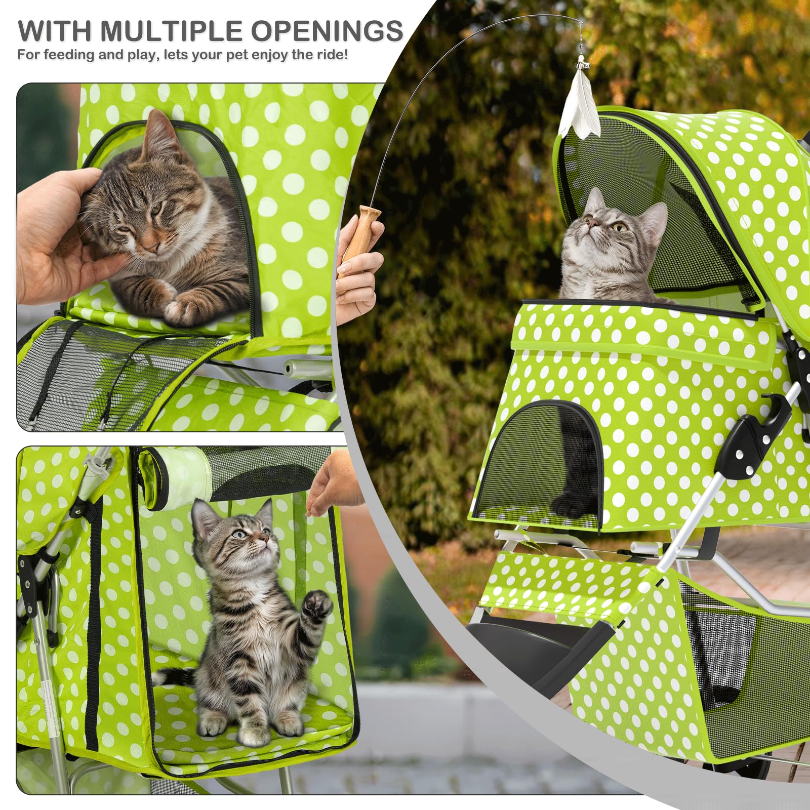3 Wheels Pet Dog Cat Stroller for Small Medium Dogs Cats, Foldable Jogger Stroller w/Storage Basket and Cup Holder, Lawn Green Polka Dots