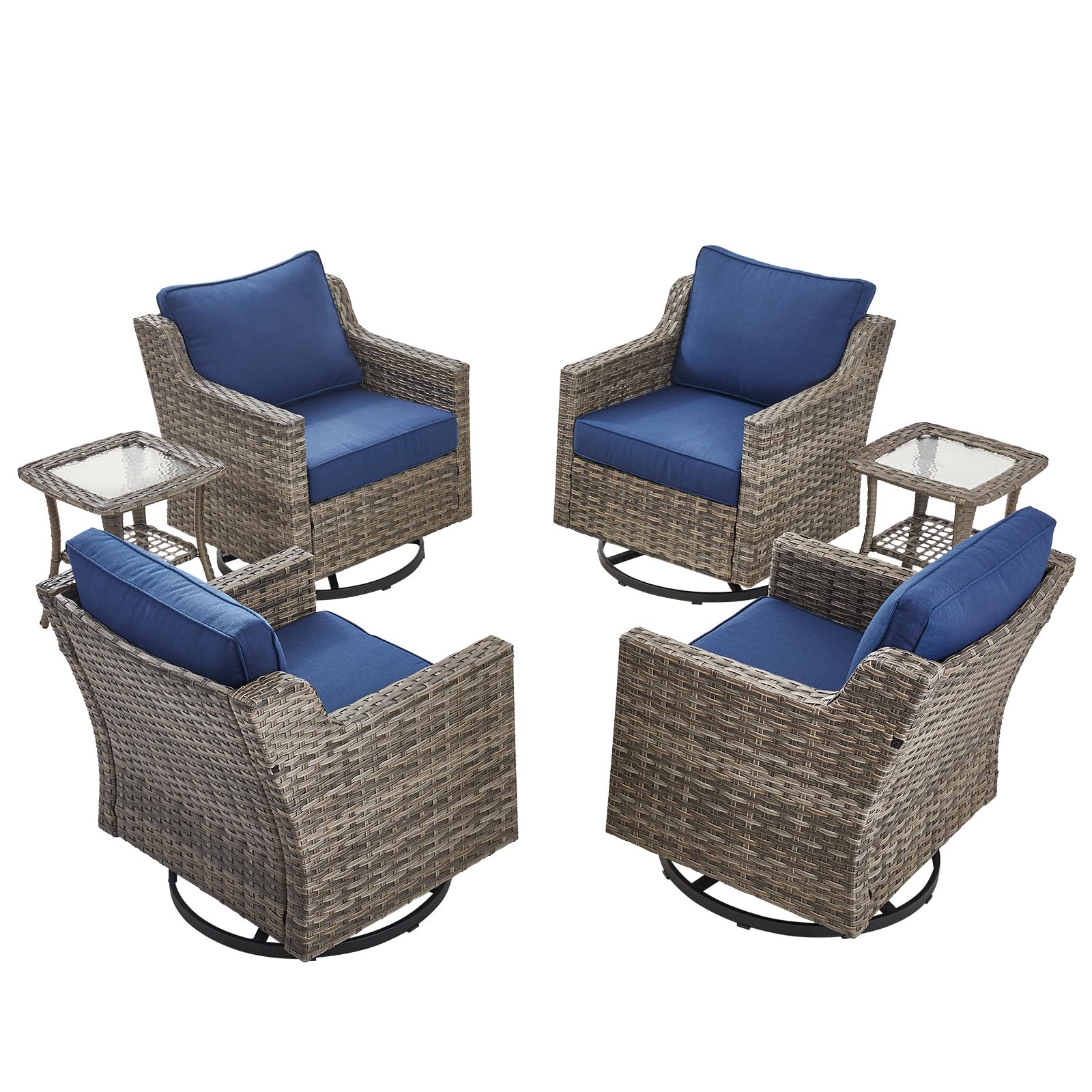 Patio Wicker Chairs Swivel Rocker-Outdoor Swivel Rocker Chair Set of 4 with All Weather Wicker Glider Rocker Set, PE Rattan Swivel Rocking Chair with 2 Side Table for Balcony Deck Porch Grey/Blue