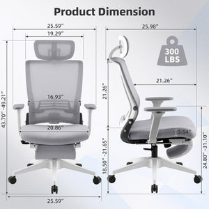 Foldable Office Chair with Foot Rest, Ergonomic Office Chair with Adjustable Lumbar Support, Headrest, Armrest, Home Office Desk Chairs for Space Saving, Grey