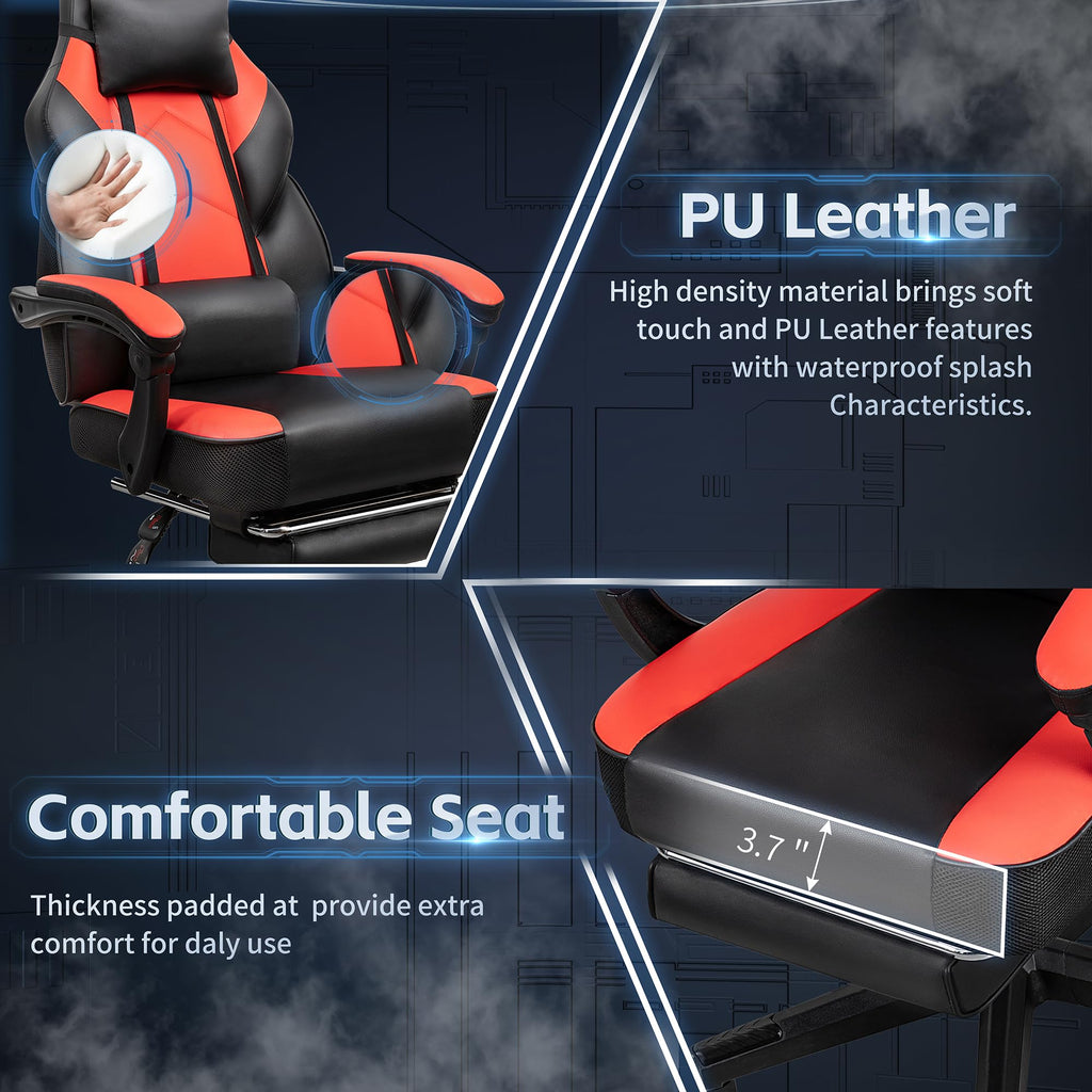 Gaming Chairs for Adults, Computer Chair with Footrest, High Back, Big and Tall Gamer Chair‘s with Massage Lumbar Support, 360° Swivel Height Adjustable Computer Chaires, Dark Red