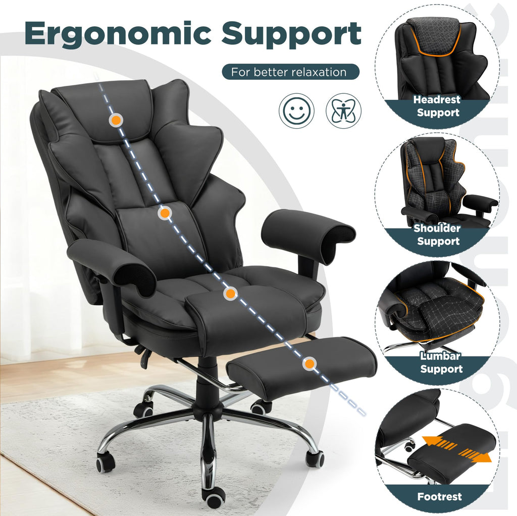 Ergonomic Executive Office Chair with 6-Point Vibration & Heat - Reclining Managerial Chair with Adjustable Footrest and Armrests,Big and Tall Leather Home Office Desk Chairs(Black)