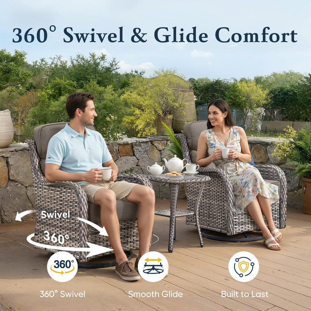 Luxury 6" Thick Cushioned 10 Pieces Patio Furniture Set with Outdoor Couch, Wicker Outdoor Conversation Set with High Back Swivel Rocker Chairs for Deck Porch Yard and Poolside - Grey+Grey
