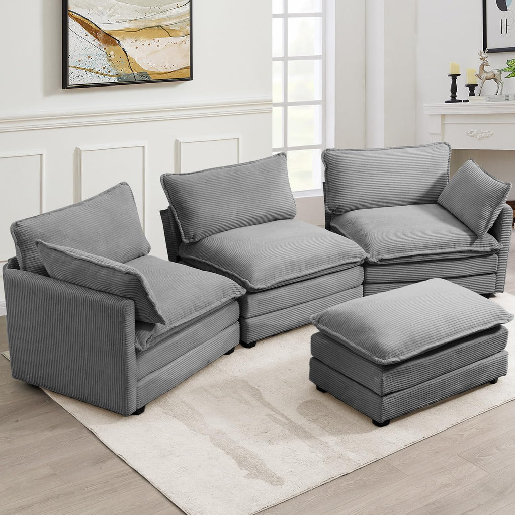 112'' Modular Sectional Cloud Couch with Movable Ottoman, 4 Seat Modern Corduroy Sofa with 2 Throw Pillows, Comfy Deep Seat L Shaped Couches for Living Room Bedroom Apartment, Dark Grey