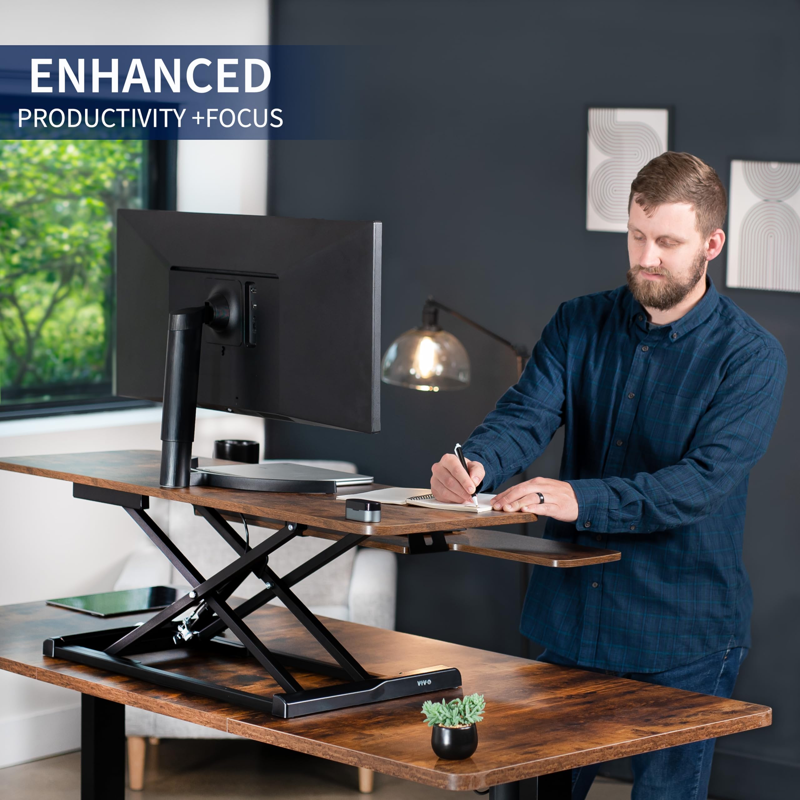 48 inch Desk Converter, K Series, Height Adjustable Sit to Stand Riser, Dual Monitor and Laptop Workstation with Wide Keyboard Tray, Rustic Vintage Brown Top, Black Frame, DESK-V048KN
