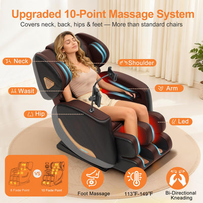 Upgraded Massage Chair Full Body, Zero Gravity Recliner with Heat, 10 Fix Points, Bluetooth, Touch Screen, Footrest, Shiatsu Massage Chair for Parents, Seniors & Easy Assembly - Brown