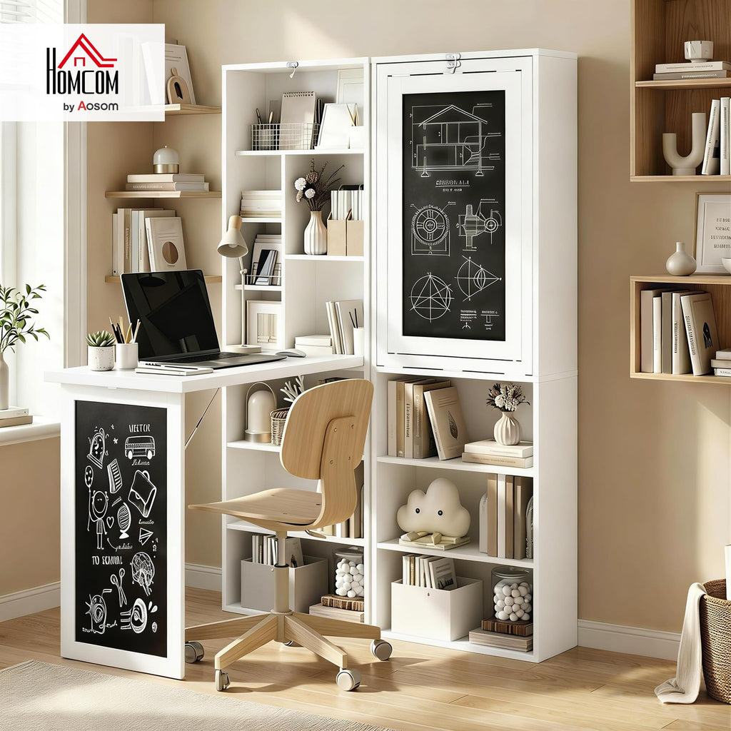 Foldable Convertible Writing Table, Wall Mounted Space-Saving Computer Desk with Chalkboard and Storage Shelves for Small Spaces, Home Office, Bedroom, Dorm, Apartment, White